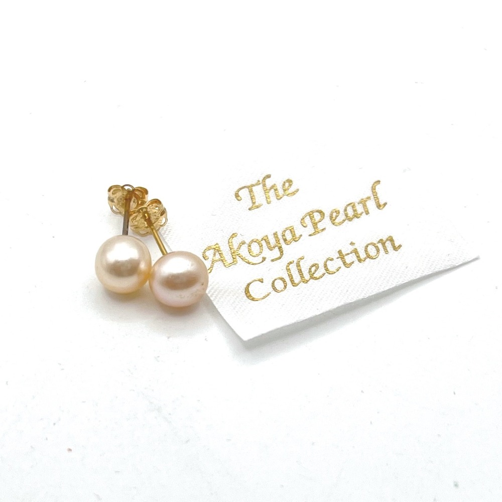 JCM 14K Yellow Gold Akoya Pearl Stud Earrings 6mm Genuine Cultured Cream Pink